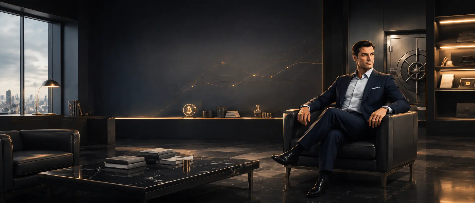A man in a dark suit sits in a leather chair in a dark study. A bank vault door stands behind him and a city skyline shows through the window.