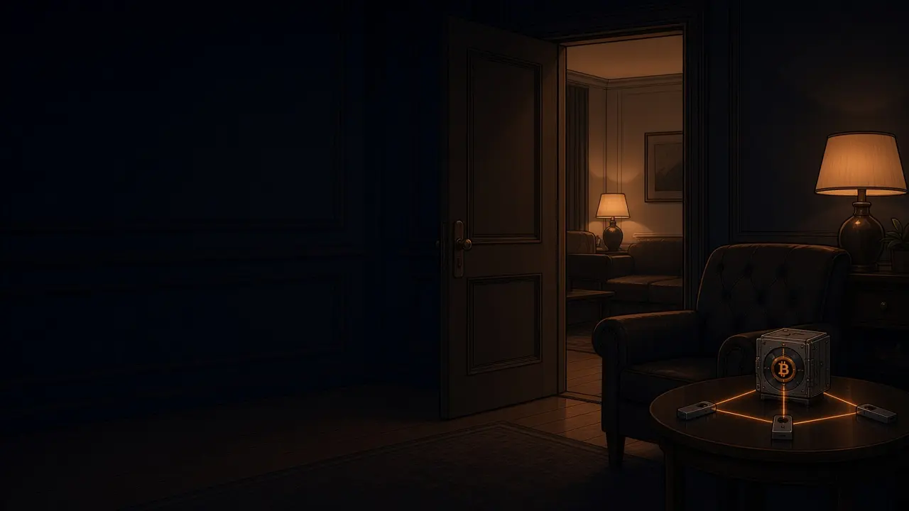 A quiet study foyer at night: an open door with warm light, an empty chair and a small table ready for conversation.